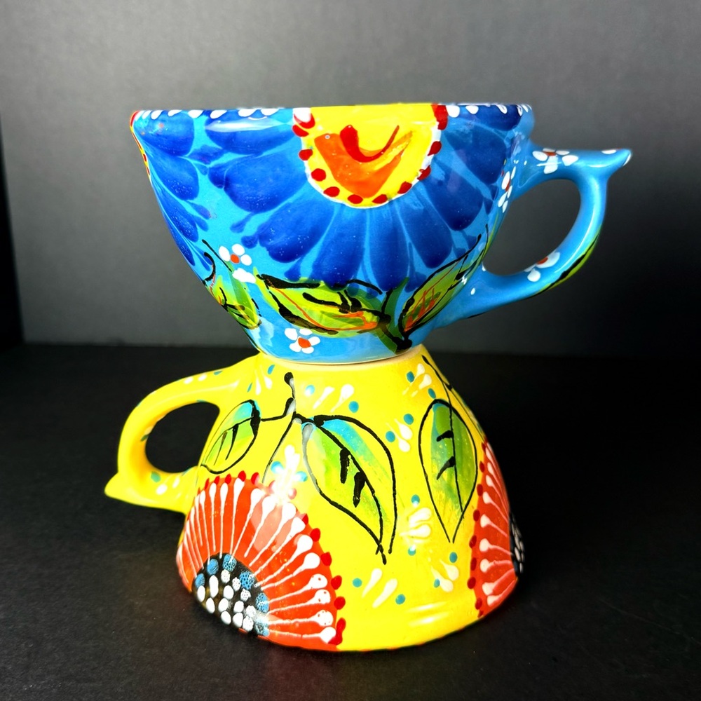 Set of 2 Hand Painted Mexican Clay Mugs Floral Folk Art Pottery Colorful Signed - Picture 8 of 14